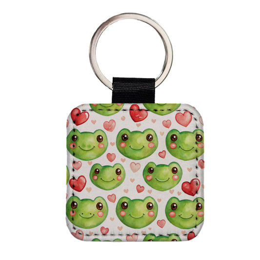 Cute Frog Faces Hearts Watercolor Square Faux Leather Keychain