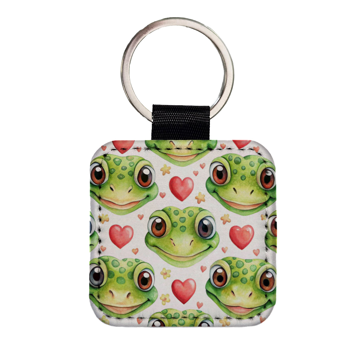 Cute Gecko Faces Hearts Watercolor Square Faux Leather Keychain