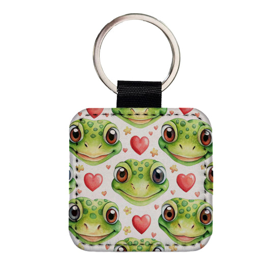 Cute Gecko Faces Hearts Watercolor Square Faux Leather Keychain