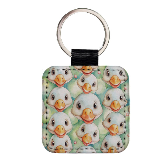 Cute Geese Faces Watercolor Square Faux Leather Keychain