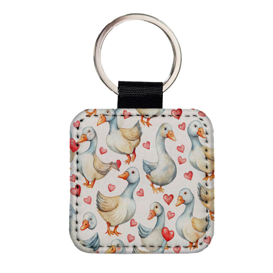 Cute Geese Hearts Watercolor Square Faux Leather Keychain