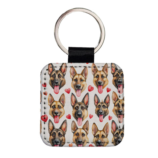Cute German Shepherd Dog Faces Hearts Square Faux Leather Keychain