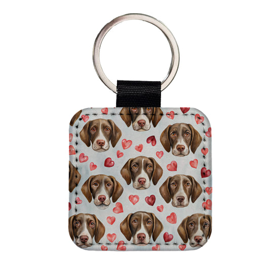 Cute German Shorthaired Pointer Dog Faces Hearts Square Faux Leather Keychain