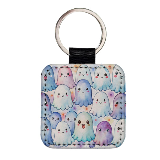 Cute Ghosts Watercolor Square Faux Leather Keychain
