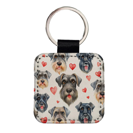 Cute Giant Schnauzer Dog Faces Hearts Square Faux Leather Keychain