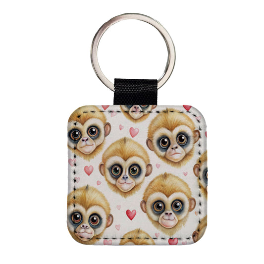 Cute Gibbons Faces Hearts Square Faux Leather Keychain
