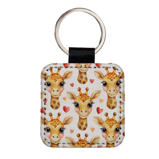 Cute Giraffe Faces Hearts Square Faux Leather Keychain