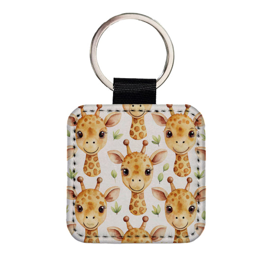 Cute Giraffe Faces Watercolor Square Faux Leather Keychain