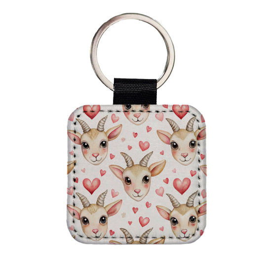 Cute Goat Faces Hearts Watercolor Square Faux Leather Keychain