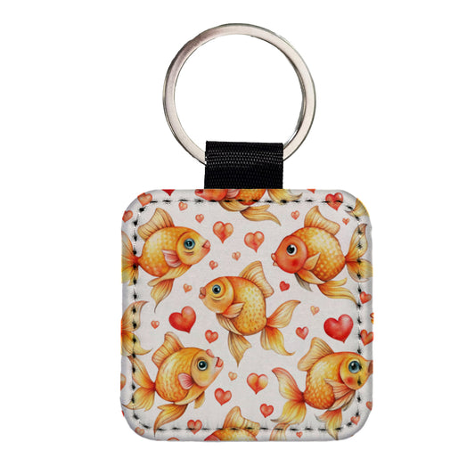 Cute Gold Fish Hearts Watercolor Square Faux Leather Keychain
