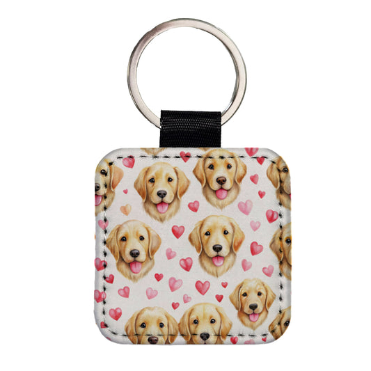 Cute Golden Retriever Dog Faces Hearts Square Faux Leather Keychain