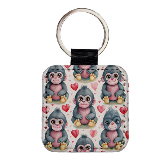 Cute Gorillas Hearts Watercolor Square Faux Leather Keychain