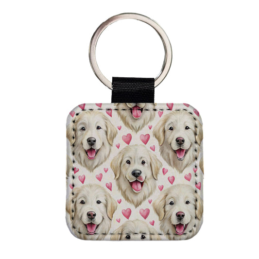 Cute Great Pyrenees Dog Faces Hearts Square Faux Leather Keychain