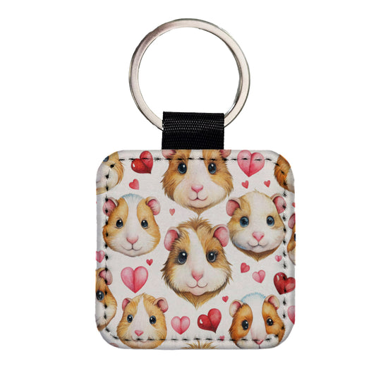 Cute Guinea Pig Faces Hearts Square Faux Leather Keychain