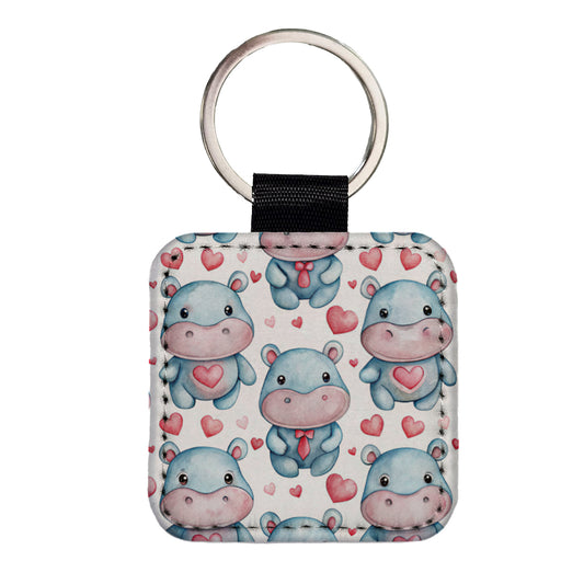 Cute Hippopotamus Hearts Watercolor Square Faux Leather Keychain