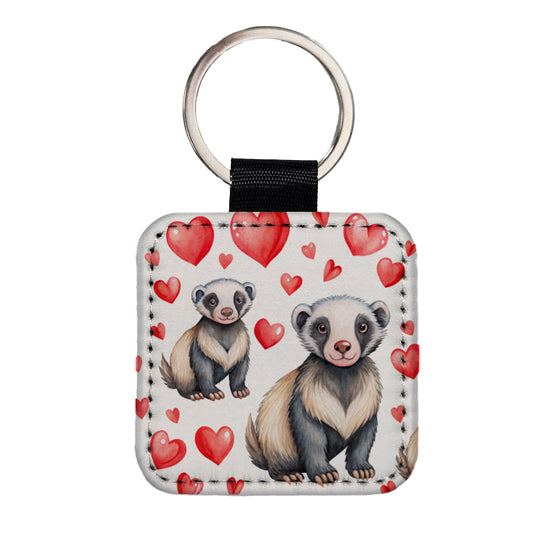 Cute Honey Badger Hearts Watercolor Square Faux Leather Keychain