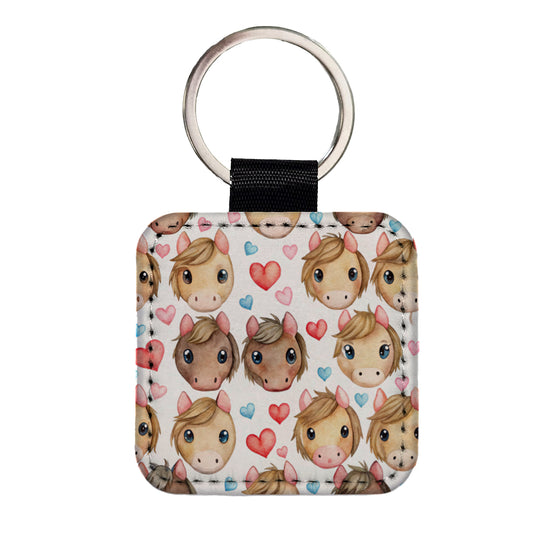 Cute Horse Faces Hearts Watercolor Square Faux Leather Keychain