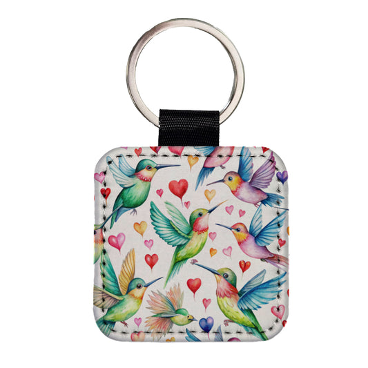 Cute Hummingbirds Hearts Watercolor Square Faux Leather Keychain