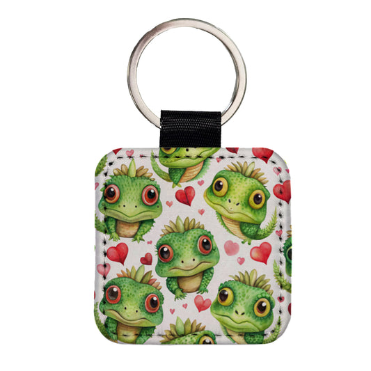 Cute Iguanas Hearts Watercolor Square Faux Leather Keychain