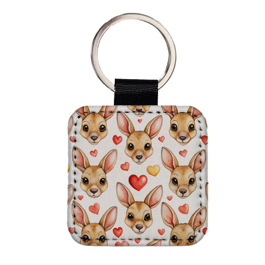 Cute Kangaroo Faces Hearts Square Faux Leather Keychain