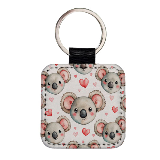 Cute Koala Bears Faces Hearts Square Faux Leather Keychain