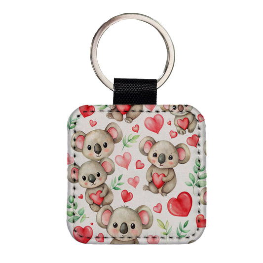 Cute Koala Bears Hearts Watercolor Square Faux Leather Keychain