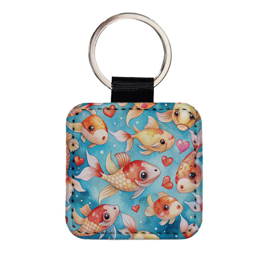 Cute Koi Fishes Hearts Watercolor Square Faux Leather Keychain