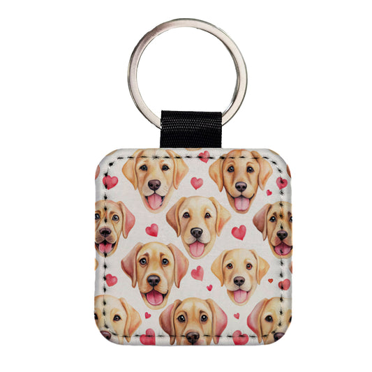 Cute Labrador Retriever Dog Faces Hearts Square Faux Leather Keychain