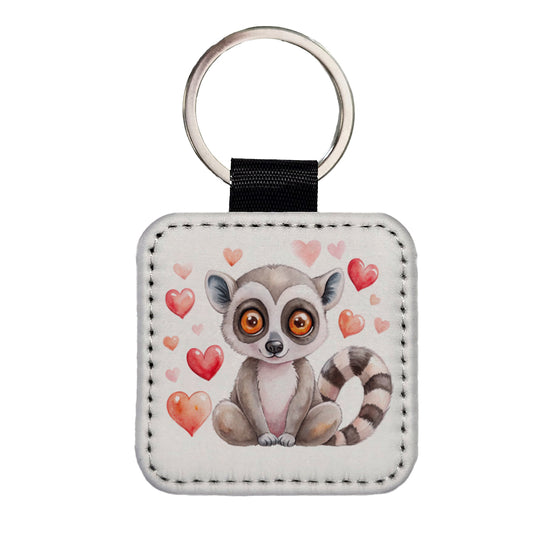 Cute Lemur Hearts Watercolor Square Faux Leather Keychain