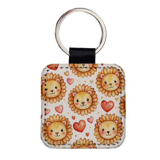 Cute Lion Faces Hearts Watercolor Square Faux Leather Keychain