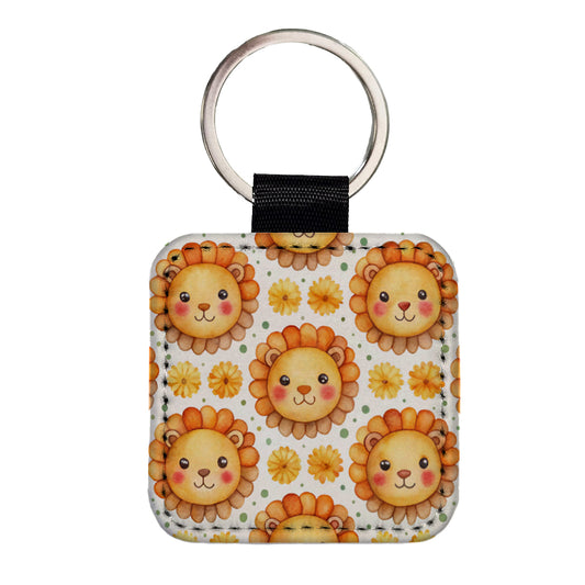 Cute Lion Faces Watercolor Square Faux Leather Keychain
