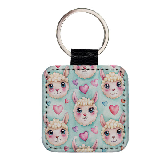 Cute Llama Faces Hearts Watercolor Square Faux Leather Keychain