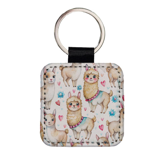 Cute Llamas Hearts Watercolor Square Faux Leather Keychain