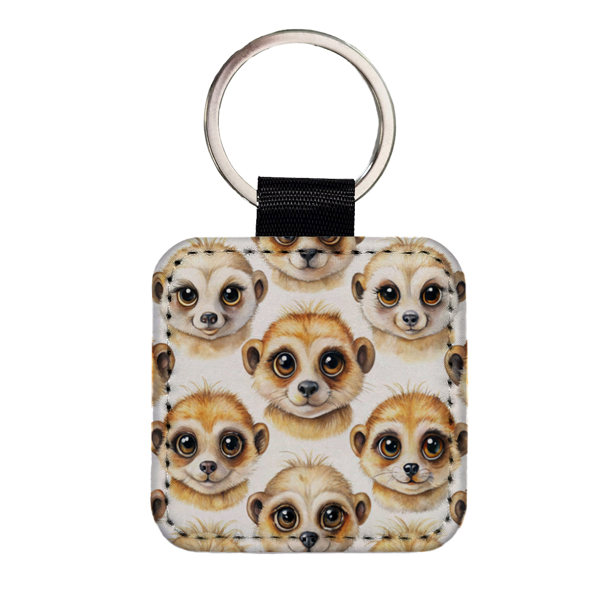 Cute Meerkat Faces Watercolor Square Faux Leather Keychain