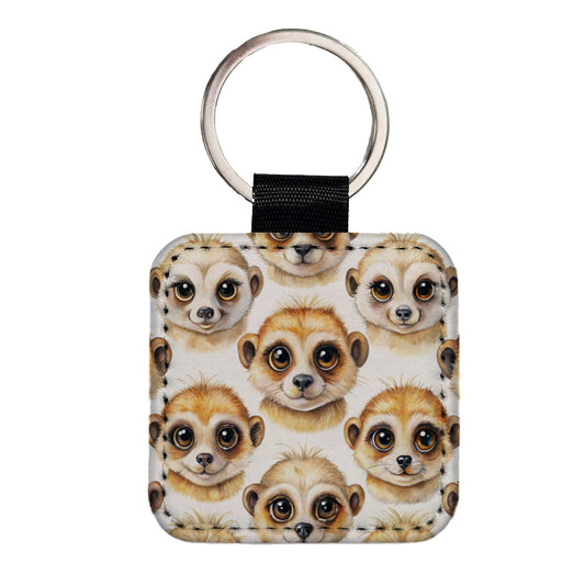 Cute Meerkat Faces Watercolor Square Faux Leather Keychain