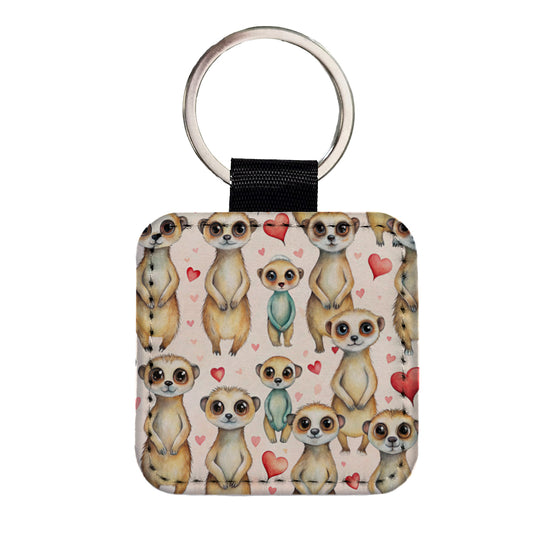 Cute Meerkats Hearts Watercolor Square Faux Leather Keychain