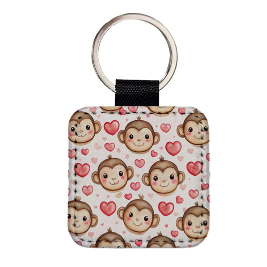 Cute Monkey Faces Hearts Watercolor Square Faux Leather Keychain