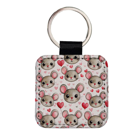 Cute Mouse Faces Hearts Watercolor Square Faux Leather Keychain
