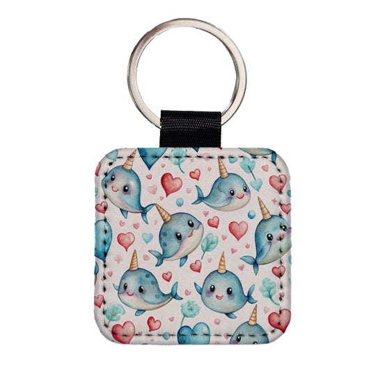 Cute Narwhals Hearts Watercolor Square Faux Leather Keychain