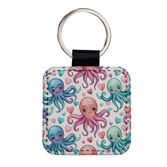 Cute Octopus Hearts Watercolor Square Faux Leather Keychain