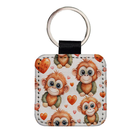 Cute Orangutans Hearts Watercolor Square Faux Leather Keychain