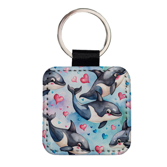 Cute Orcas Whales Hearts Watercolor Square Faux Leather Keychain