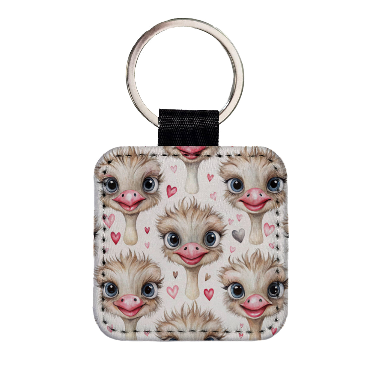 Cute Ostriches Faces Hearts Square Faux Leather Keychain