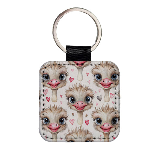 Cute Ostriches Faces Hearts Square Faux Leather Keychain