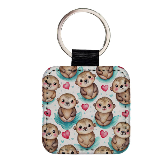 Cute Otters Hearts Watercolor Square Faux Leather Keychain