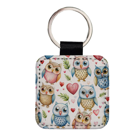 Cute Owls Hearts Watercolor Square Faux Leather Keychain