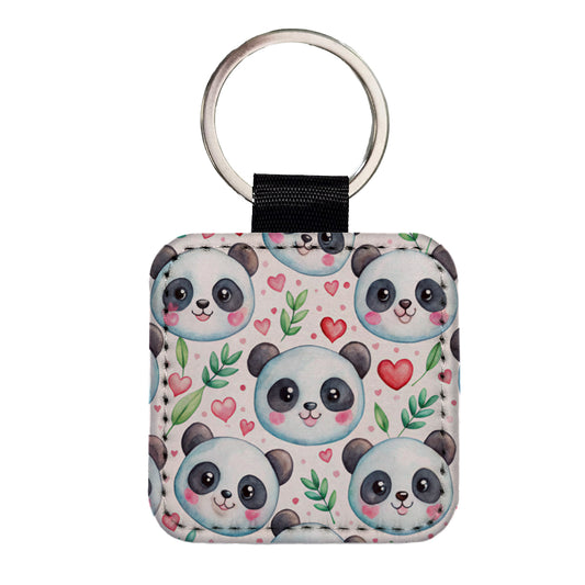 Cute Panda Faces Hearts Watercolor Square Faux Leather Keychain