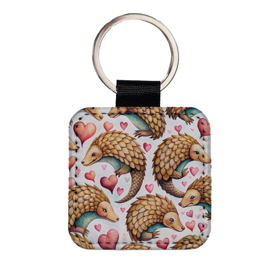 Cute Pangolin Hearts Watercolor Square Faux Leather Keychain