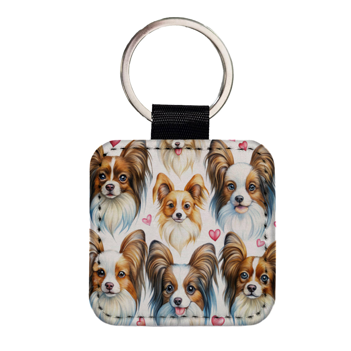 Cute Papillion Dog Faces Hearts Square Faux Leather Keychain