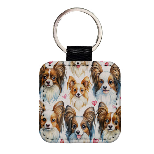 Cute Papillion Dog Faces Hearts Square Faux Leather Keychain